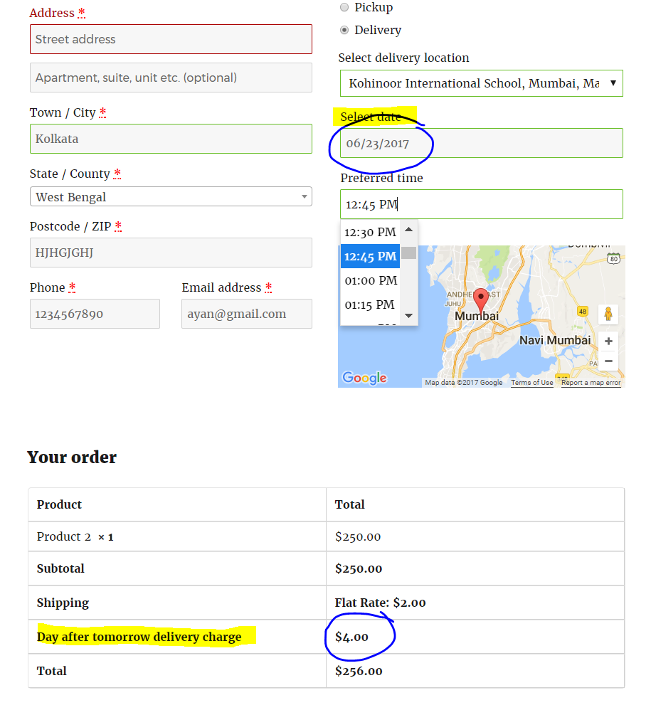 Day after tomorrow delivery charge applied on checkout page after selecting date and time