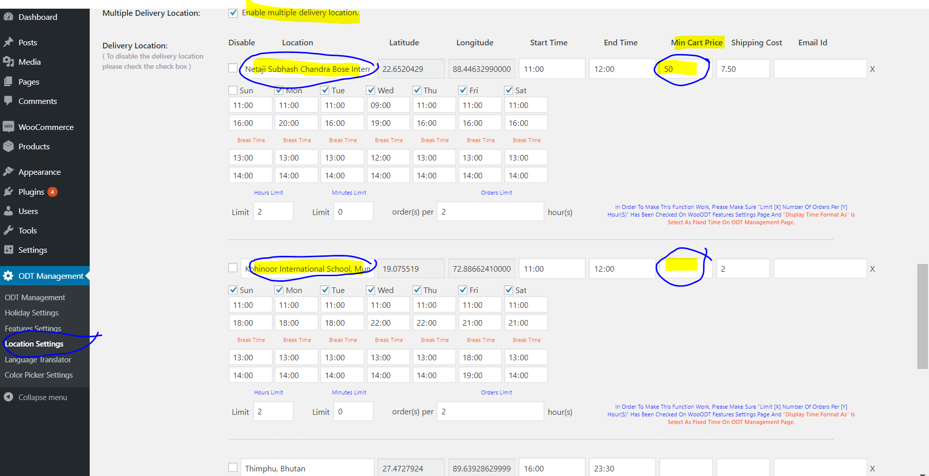 Minimum cart spend for each location - WooODT Extended settings page