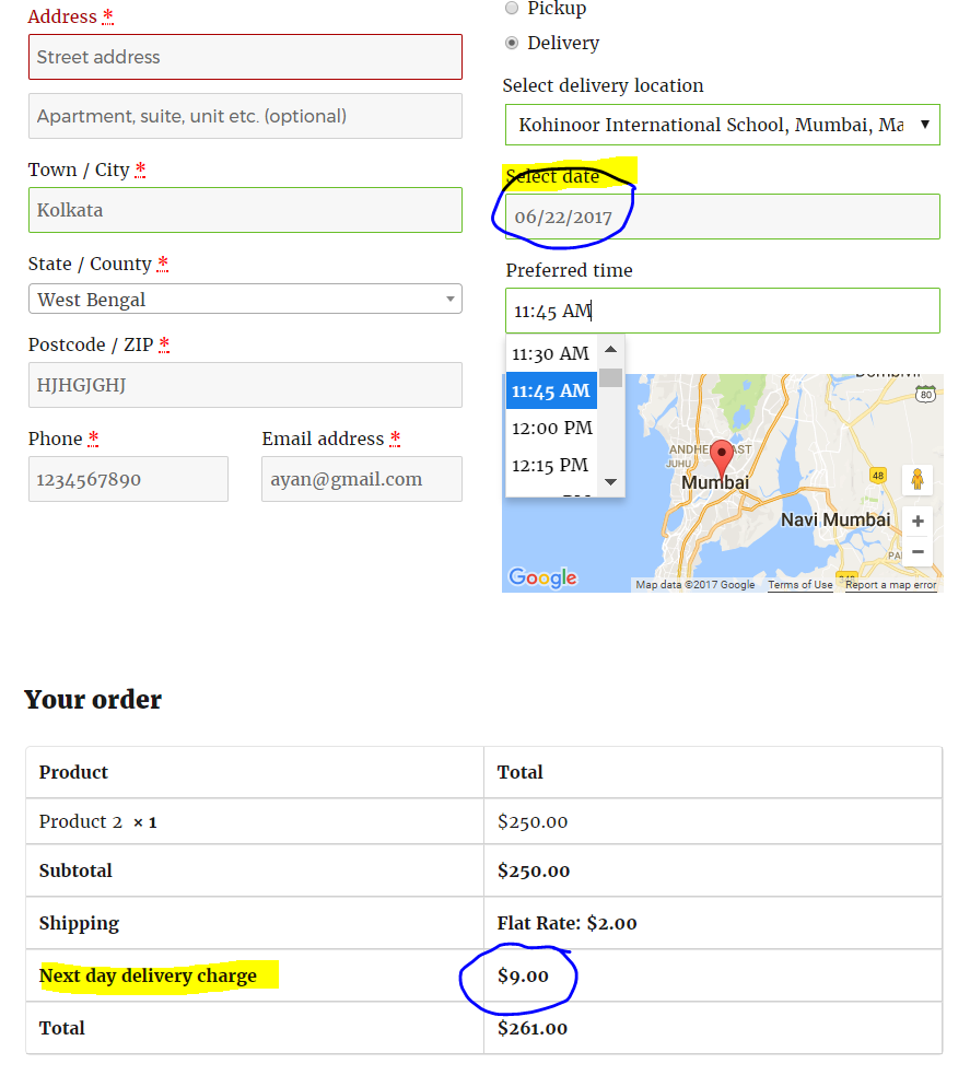 Next day delivery charge applied on checkout page after selecting date and time