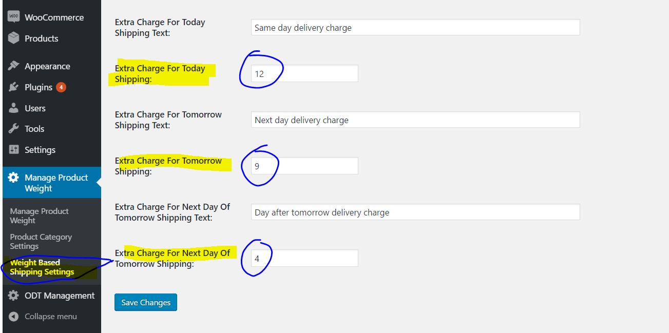 Same day, next day and day after tomorrow shipping charges - settings page V-1.0.1