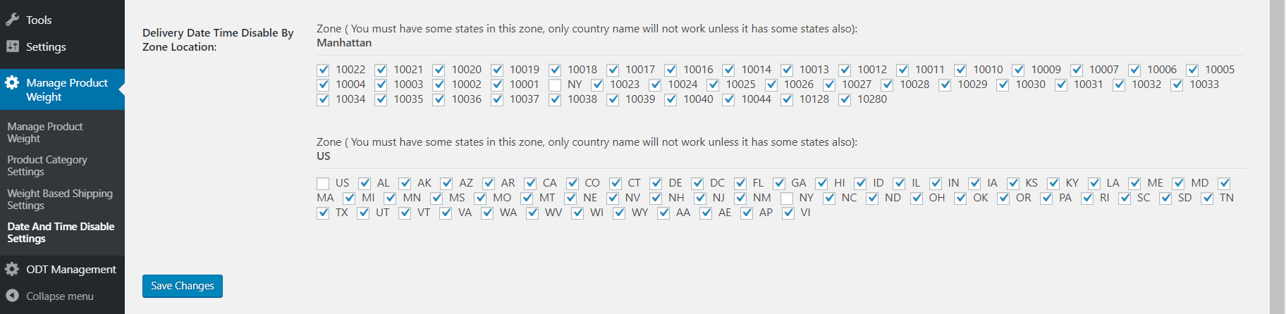 Don't ask for delivery date time in checked the states and zip code areas